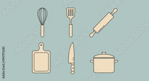 Set of kitchen utensils and cookware icons in simple line style.