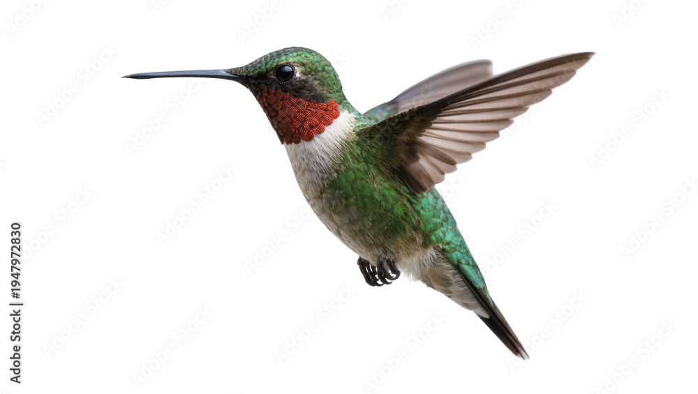 Naklejka premium Isolated hummingbird in flight, ruby throat and green feathers, fast wings, detailed