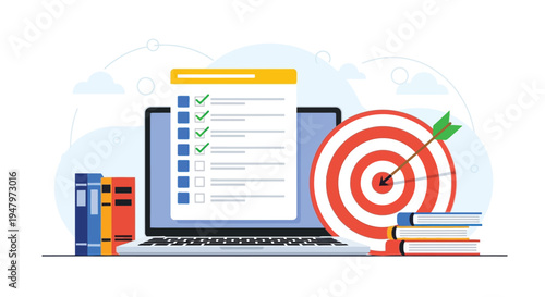 Business goal achievement concept with target and arrow next to laptop displaying checklist on screen and stack of colorful books for education success