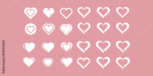 Collection of creative heart shapes with different abstract designs, minimal flat vector illustration in red on neutral background.