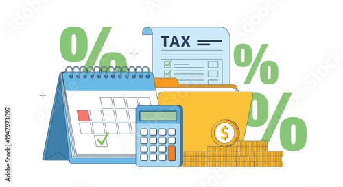 Tax preparation and financial accounting concept with calendar calculator folder and official tax document showing percent signs for fiscal year planning
