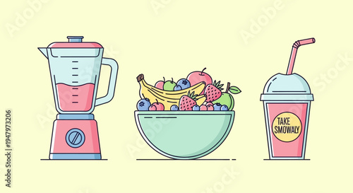 Colorful illustration of a blender, fruit bowl, and smoothie cup with straw.