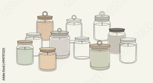 Collection of various empty glass jars with lids in neutral colors.