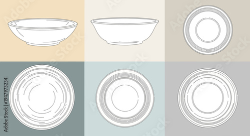 Set of six simple white ceramic bowls and plates on colored backgrounds.