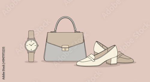Elegant women's fashion accessories including watch handbag and shoes.
