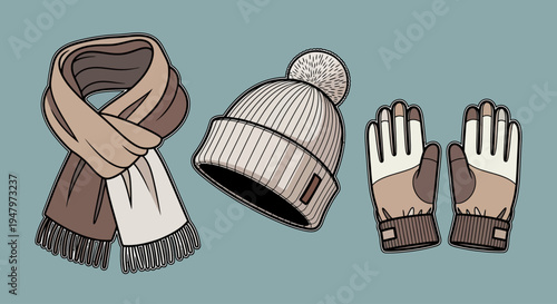 Winter accessories including scarf, knitted hat, and gloves with a warm design.