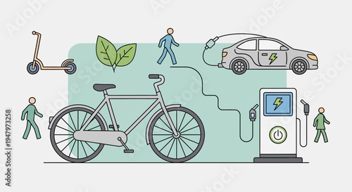 Illustration of sustainable transportation with electric car, bicycle, and scooter charging at a green energy station.