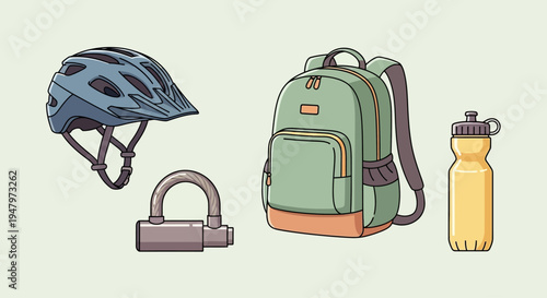 Set of essential cycling accessories including helmet, backpack, lock, and water bottle.