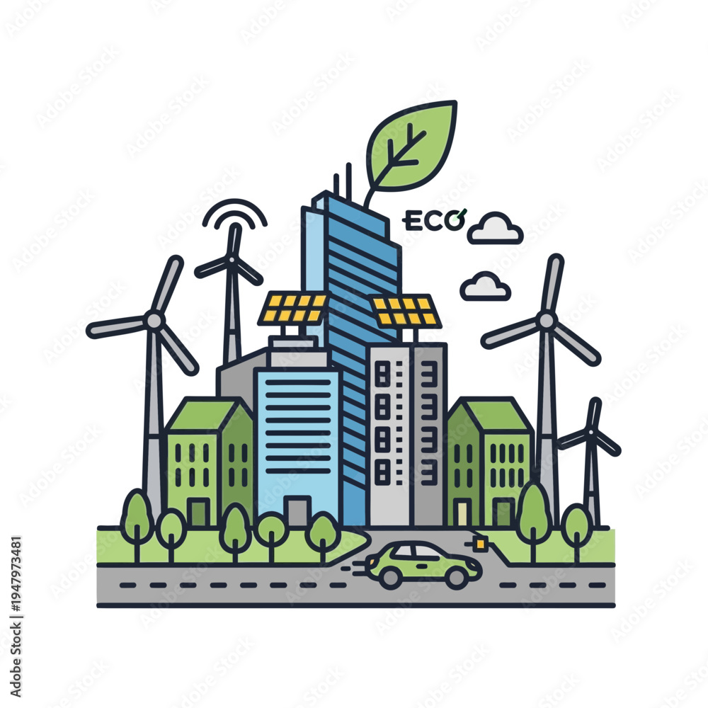 Obraz premium Eco-friendly cityscape with wind turbines, solar panels, and green buildings.