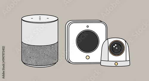 Smart home devices including voice assistant and security cameras for modern living.