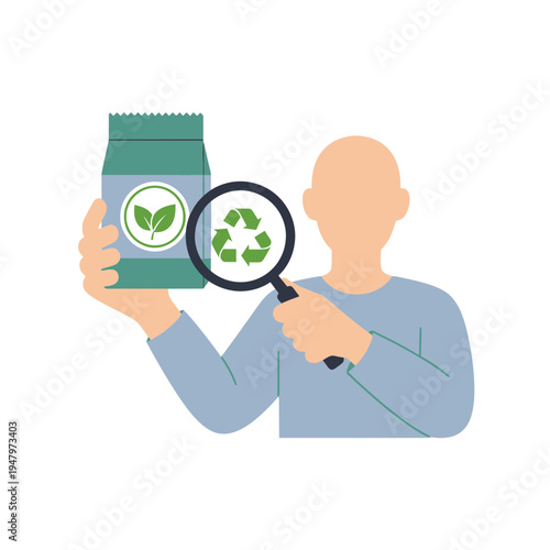 Person holding a recyclable package with a magnifying glass highlighting recycling symbols.