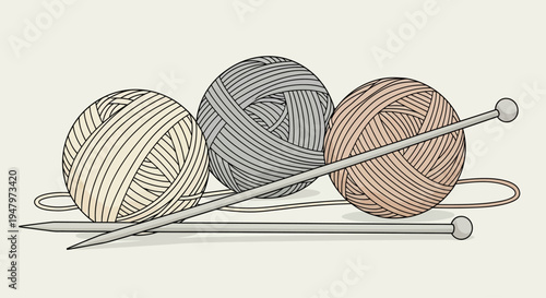 Illustration of three balls of yarn with two knitting needles placed across them.