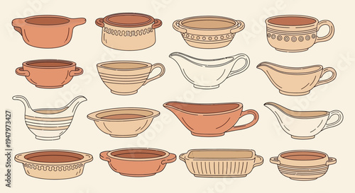 Set of vintage ceramic kitchenware including bowls, cups, and baking dishes in warm earthy tones.