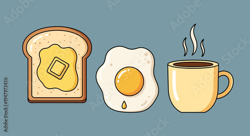 Illustration of breakfast with toast butter fried egg and hot coffee cup.