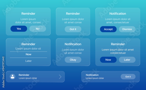 Glassmorphism liquid glass reminder and notification UI popup set on blue gradient background