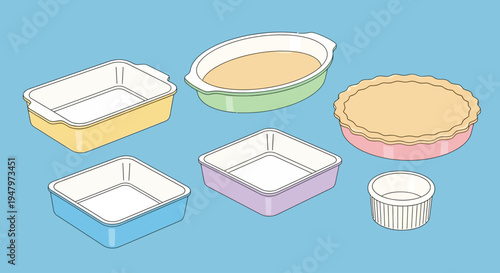 Set of various empty baking dishes and ramekin for cooking and baking.