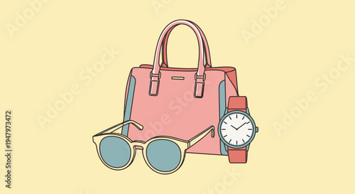 Stylish accessories including sunglasses watch and handbag on yellow background.