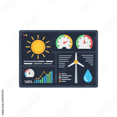 Weather monitoring dashboard displaying sun, gauges, and data charts.