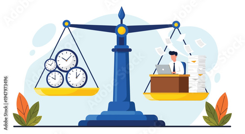 Time management and work life balance concept with businessman working on laptop on scale balancing against clocks symbolizing efficiency