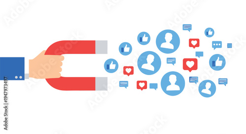 Hand holding horseshoe magnet attracting social media icons like likes followers comments and user profiles in digital marketing