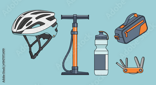 Essential cycling gear including helmet pump water bottle and multi tool.