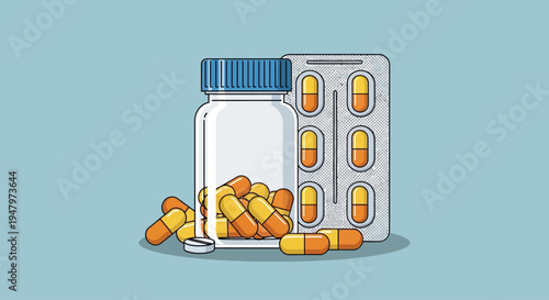 Illustration of medicine capsules and pills in a bottle and blister pack on blue background.
