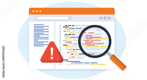 Computer screen with code showing error warning symbol and magnifying glass for debugging