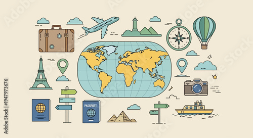 Travel and adventure icons with world map and transportation symbols.