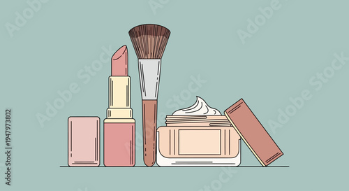 Collection of various makeup products including lipstick, brush, and cream jar on a plain background.