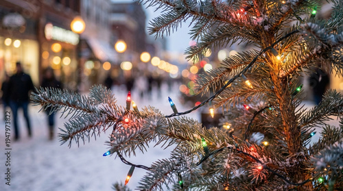 Close-up of a snow-covered evergreen tree branch adorned with colorful Christmas lights in a snowy street