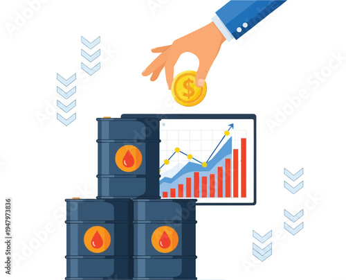 Business hand investing gold dollar coin into oil market with barrels and financial growth chart showing rising commodity prices and economic statistics