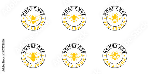 Honey bee logo set in flat vector style, yellow insect icons with wings detail isolated on light background