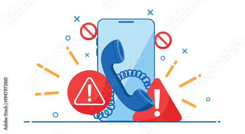 Smartphone security alert illustration showing mobile phone with red warning symbols blocked call icons and vintage blue telephone handset against white