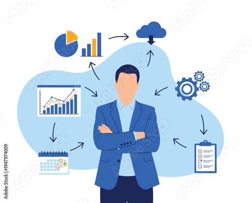 Businessman multitasking with various project management icons including data charts cloud storage calendar and checklist against light blue background