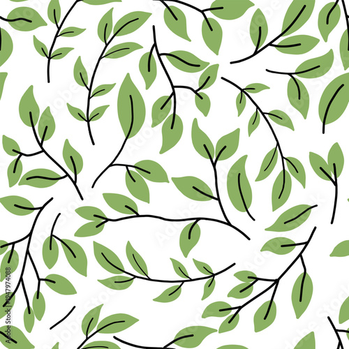 Hand drawn green leaves seamless pattern vector illustration. Minimalist botanical leaf branch background doodle sketch. Organic green foliage seamless texture