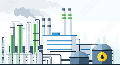 Industrial oil refinery complex with smoke stacks and storage tanks showing green energy indicators and petroleum processing facility under gray sky area