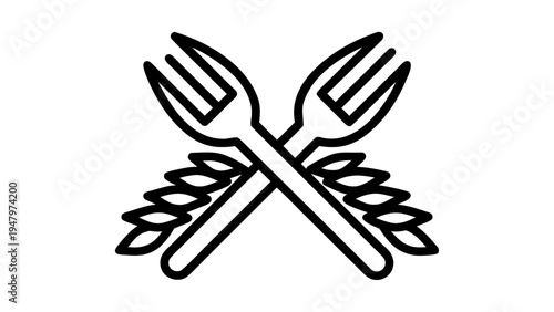Crossed fork and knife icon with wheat minimal line style symbol for food dining and cuisine