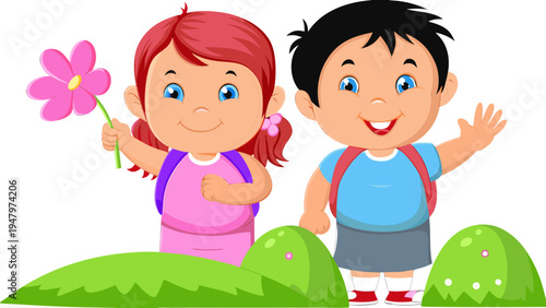 Two cartoon children standing together outdoors smiling happily
