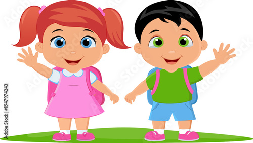 Cartoon children waving with backpacks on green hill