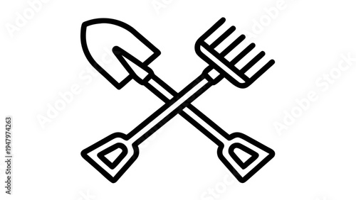Crossed garden tools icon shovel and rake line art