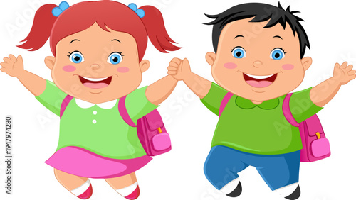 Happy cartoon school kids jumping with pink backpacks