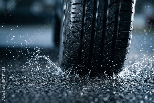 Extreme macro shot of a high-performance car tire tread gripping wet asphalt with water displaced in sharp arcs, highlighted by dramatic side lighting revealing detailed rubber texture and micro-sipes