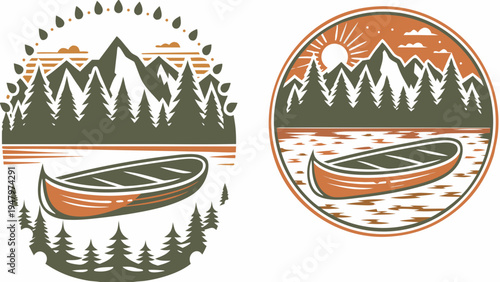 Canoe on serene lake with mountains at sunset outdoor adventure badge design