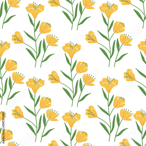 Hand drawn yellow flower seamless pattern vector illustration. Cute botanical floral background with yellow blossoms doodle sketch