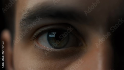 Extreme close-up of a human eye with a dark background.