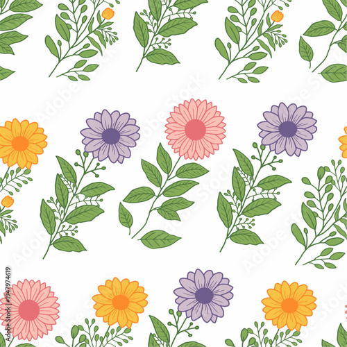 Hand drawn seamless pattern with colorful daisy and gerbera flowers. Organic colorful botanical wildflower seamless texture isolated on white