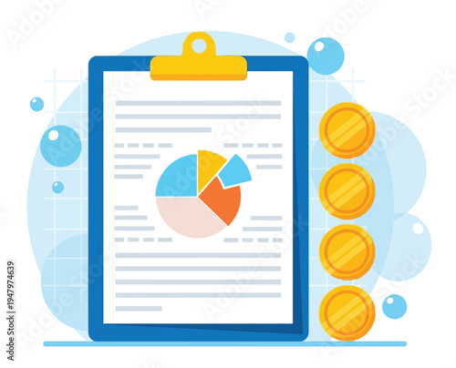 Financial report document on clipboard with pie chart and coins, concept for business analysis, accounting audit, investment growth and money management