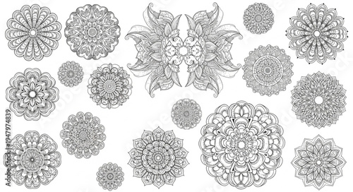 Collection of Intricate Circular Designs - A Meditative Coloring Book Pattern.