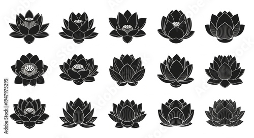 Collection of Black Lotus Flower Illustrations for Design Projects.