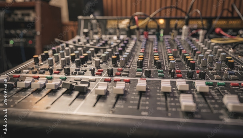 Fototapeta premium Close medium shot of multichannel audio mixer controls in sharp focus surrounded by outoffocus studio environment during session.